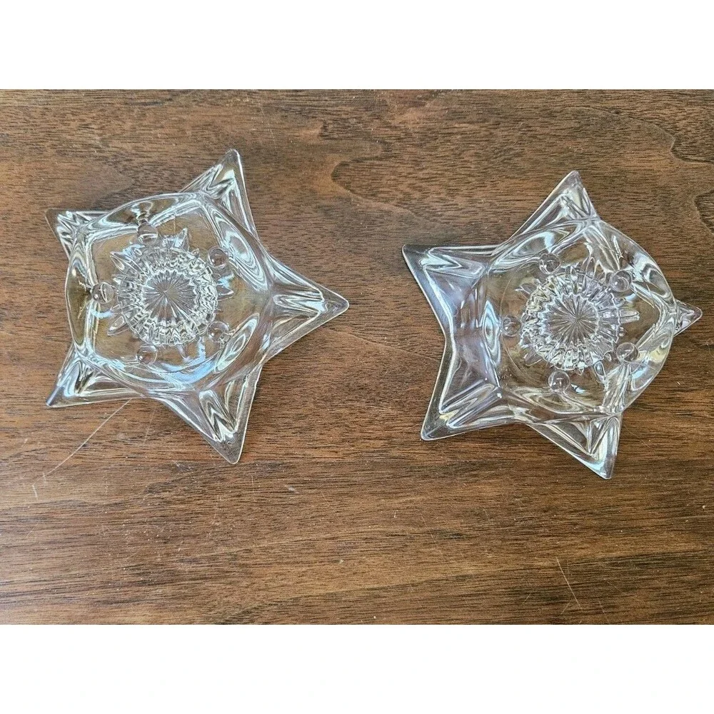 Vintage Clear Glass Star Candle Holders Set of 2 Taper Holders